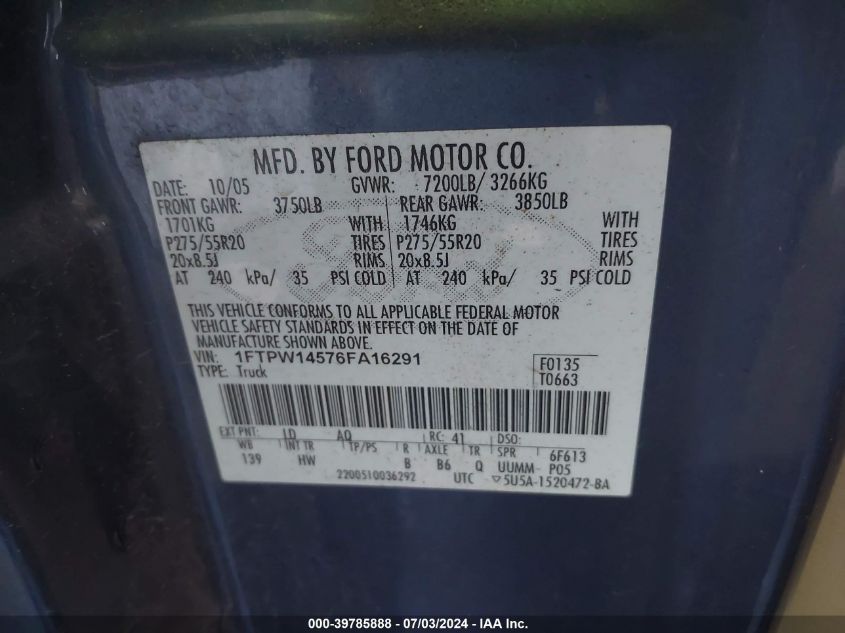 2006 Ford F150 Supercrew VIN: 1FTPW14576FA16291 Lot: 39785888