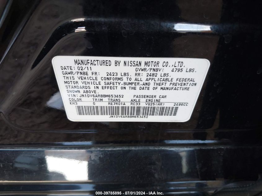 2011 Infiniti G25X VIN: JN1DV6AR8BM653452 Lot: 39785895