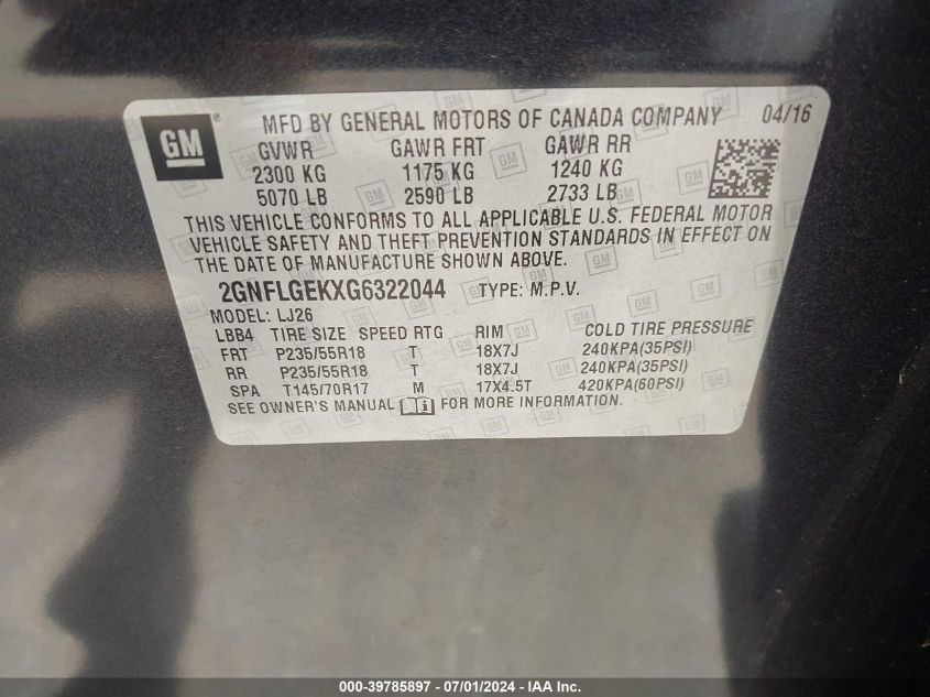 2016 Chevrolet Equinox Ltz VIN: 2GNFLGEKXG6322044 Lot: 39785897