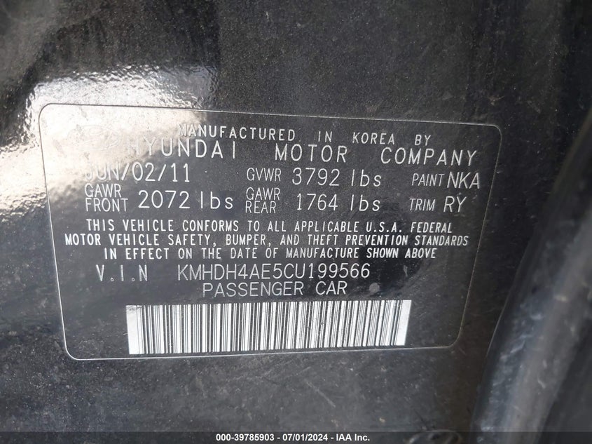 2012 Hyundai Elantra Limited (Ulsan Plant) VIN: KMHDH4AE5CU199566 Lot: 39785903
