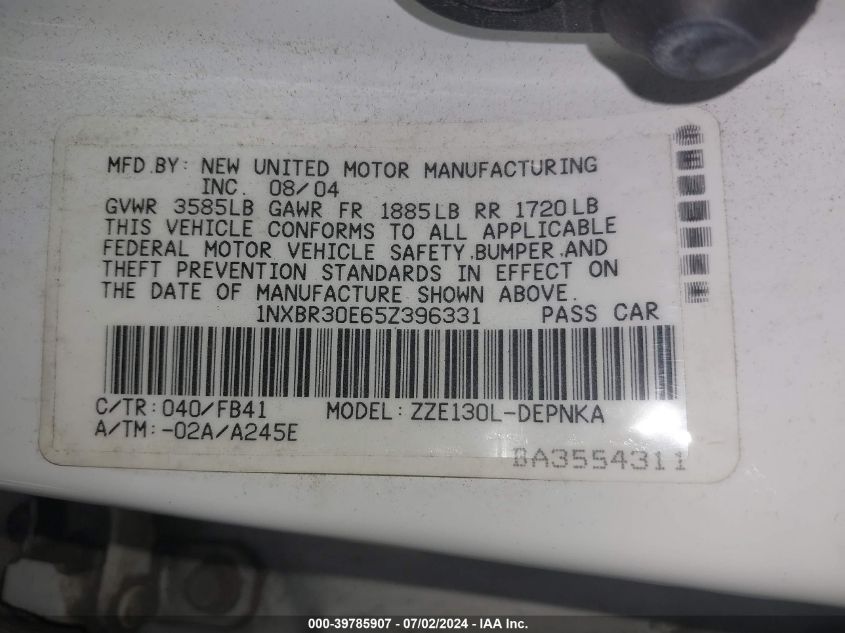 2005 Toyota Corolla Le VIN: 1NXBR30E65Z396331 Lot: 39785907