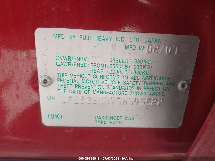 2007 Subaru Forester 2.5X VIN: JF1SG63647H745522 Lot: 39785916