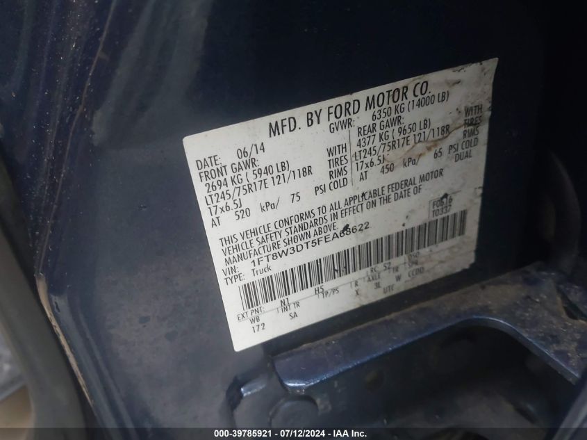 2015 Ford F-350 Lariat VIN: 1FT8W3DT5FEA68622 Lot: 39785921