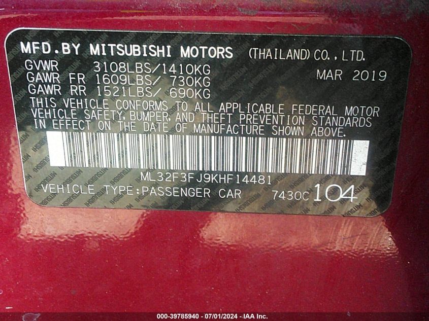 2019 Mitsubishi Mirage G4 Es VIN: ML32F3FJ9KHF14481 Lot: 39785940