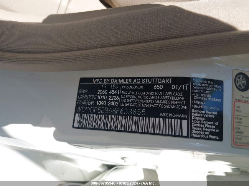 2011 Mercedes-Benz C 300 Luxury/Sport VIN: WDDGF5EB6BF633855 Lot: 39785946