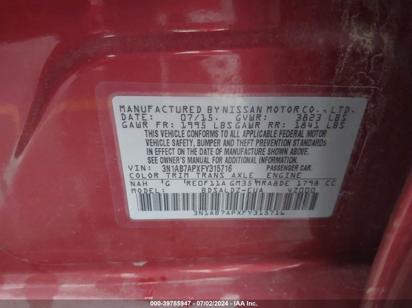 2015 Nissan Sentra Sv VIN: 3N1AB7APXFY315716 Lot: 39785947