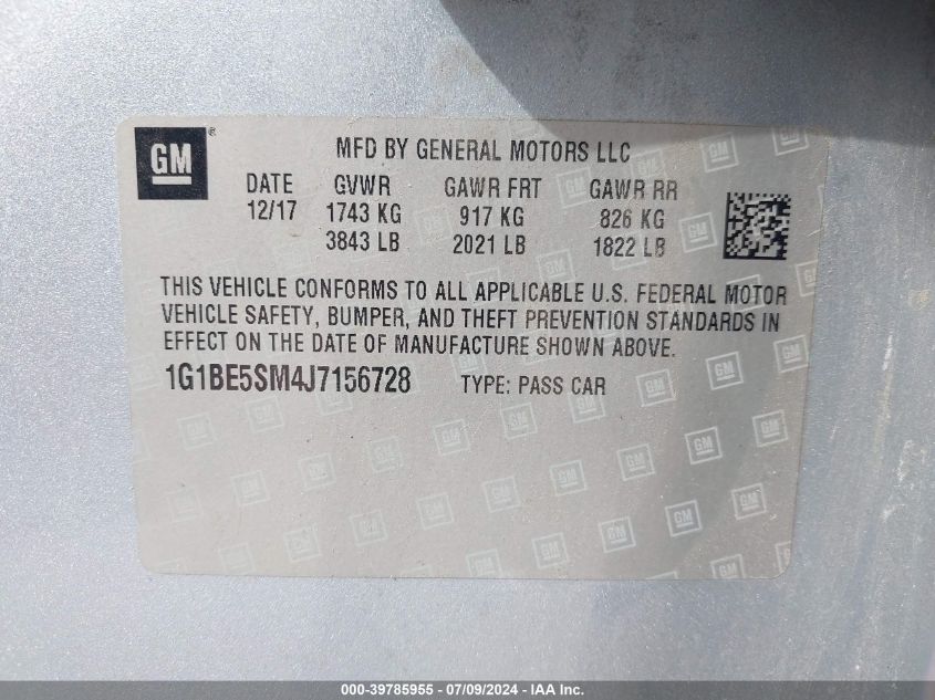 2018 Chevrolet Cruze Lt VIN: 1G1BE5SM4J7156728 Lot: 39785955
