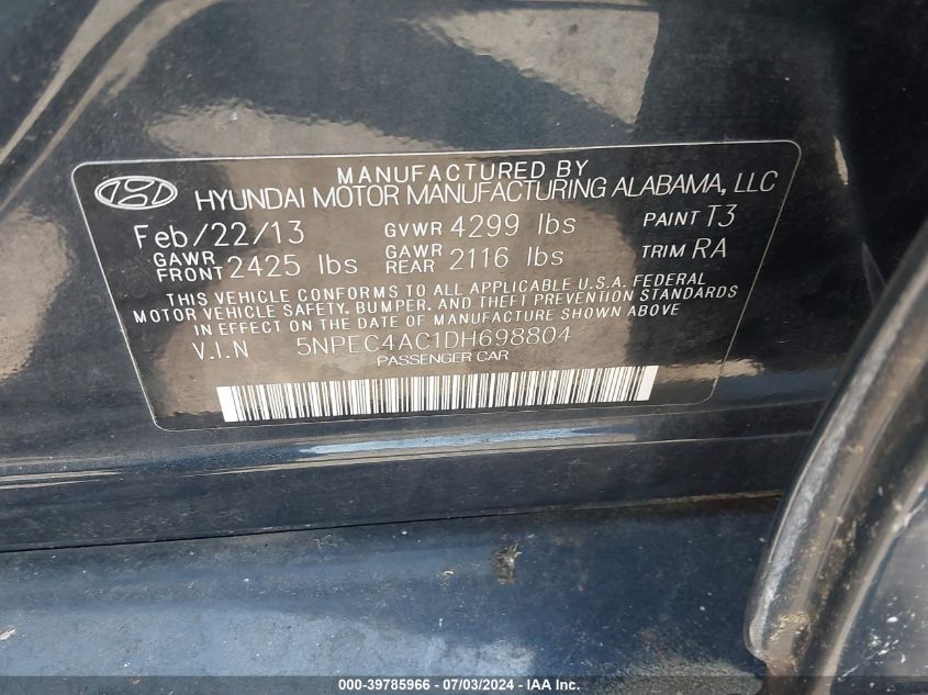 2013 Hyundai Sonata Se VIN: 5NPEC4AC1DH698804 Lot: 39785966