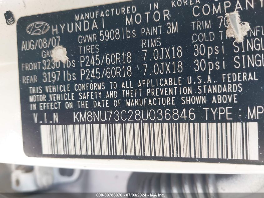 2008 Hyundai Veracruz Gls/Limited/Se VIN: KM8NU73C28U036846 Lot: 39785970