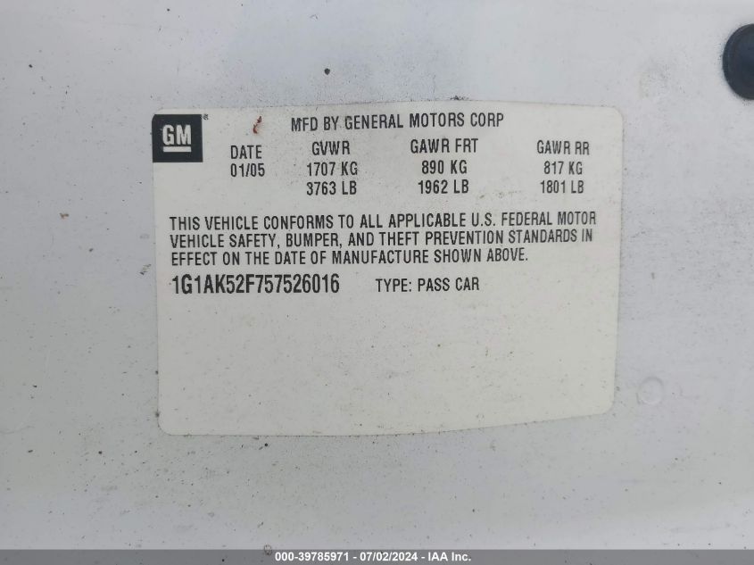 2005 Chevrolet Cobalt VIN: 1G1AK52F757526016 Lot: 39785971