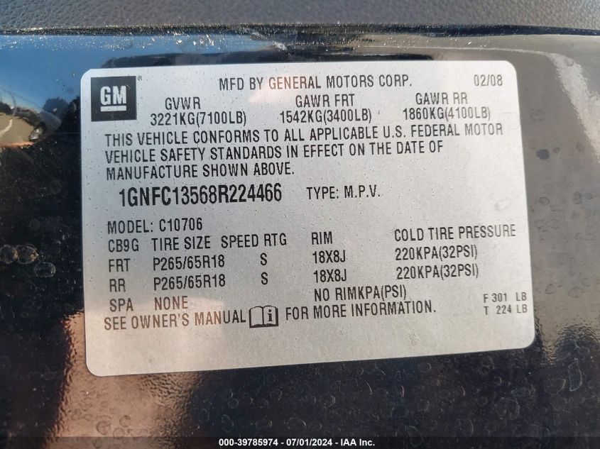 2008 Chevrolet Tahoe Hybrid VIN: 1GNFC13568R224466 Lot: 39785974