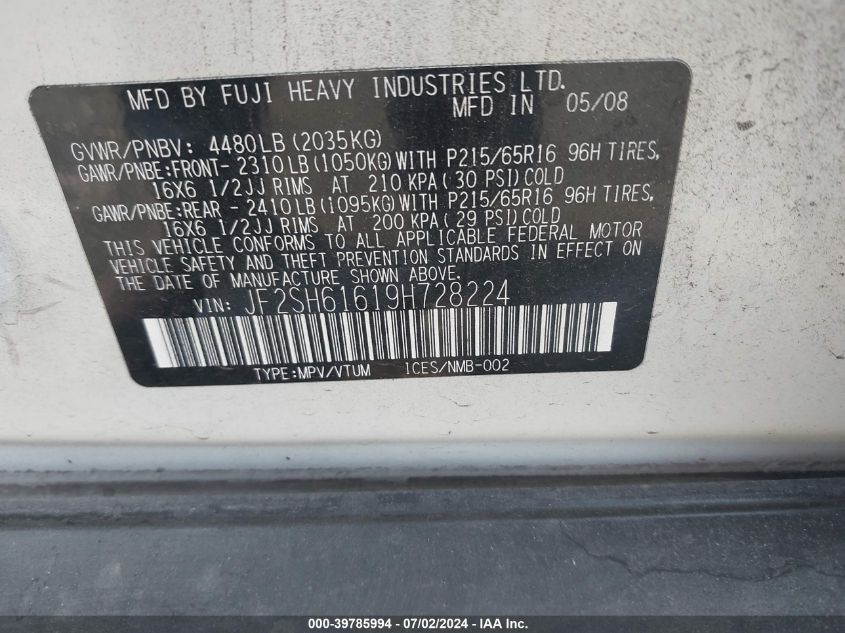 2009 Subaru Forester 2.5X VIN: JF2SH61619H728224 Lot: 39785994