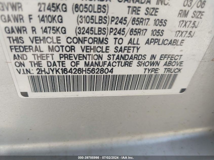 2006 Honda Ridgeline Rts VIN: 2HJYK16426H562804 Lot: 39785998