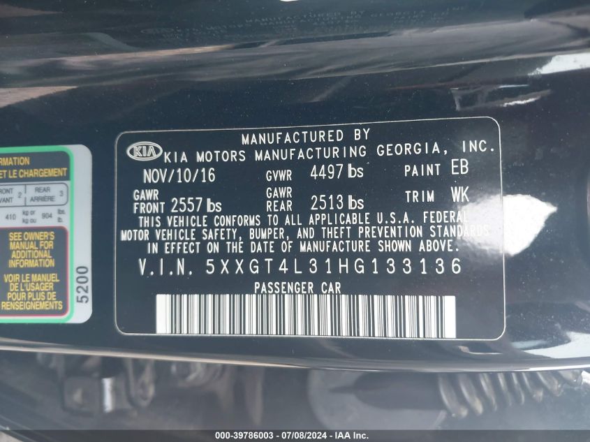 2017 Kia Optima Lx VIN: 5XXGT4L31HG133136 Lot: 39786003