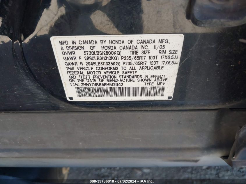 2006 Acura Mdx VIN: 2HNYD18856H512942 Lot: 39786010