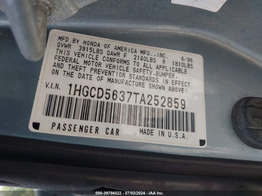 1996 Honda Accord Lx/Ex VIN: 1HGCD5637TA252859 Lot: 39786022