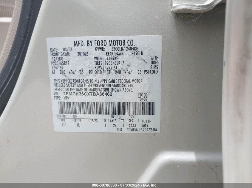 2007 Ford Edge Se VIN: 2FMDK36CX7BA88462 Lot: 39786030