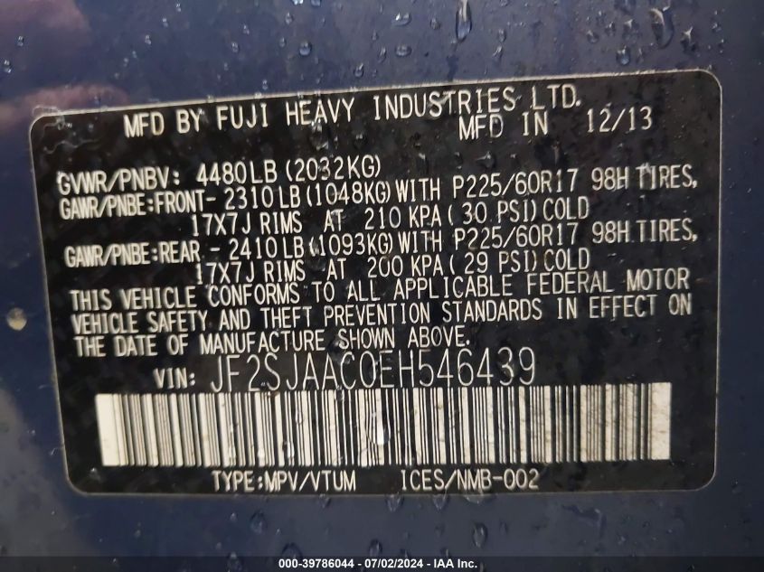 2014 Subaru Forester 2.5I VIN: JF2SJAAC0EH546439 Lot: 39786044