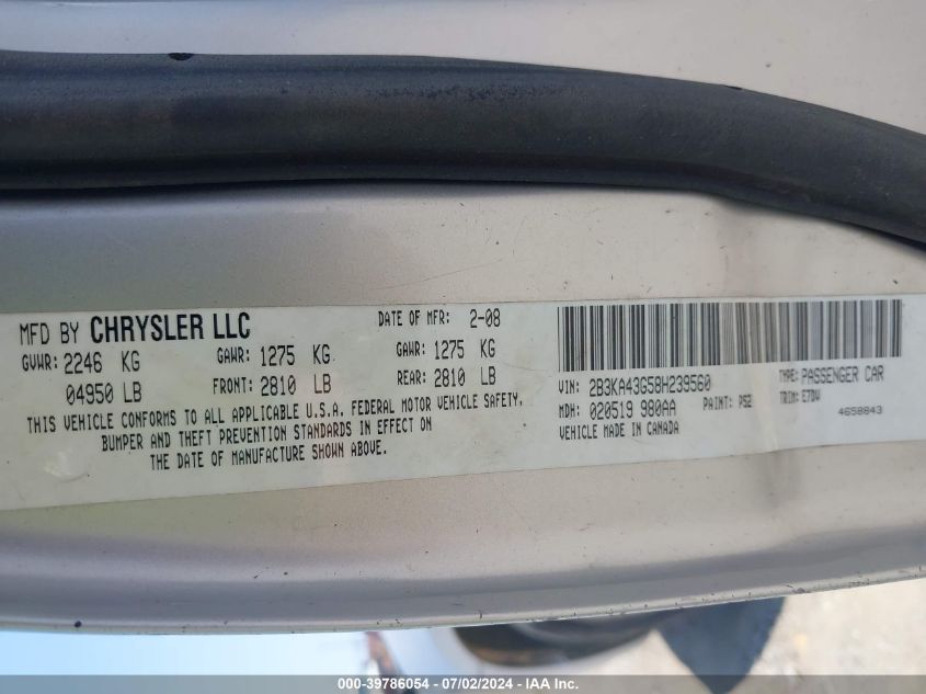 2008 Dodge Charger VIN: 2B3KA43G58H239560 Lot: 39786054
