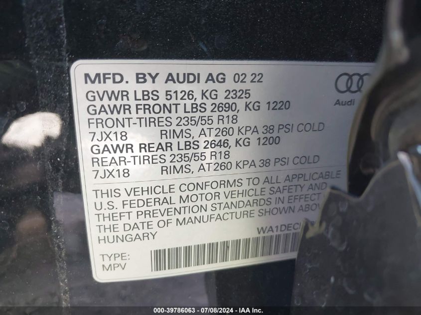 2022 Audi Q3 Premium 45 Tfsi S Line Quattro Tiptronic VIN: WA1DECF38N1085915 Lot: 39786063