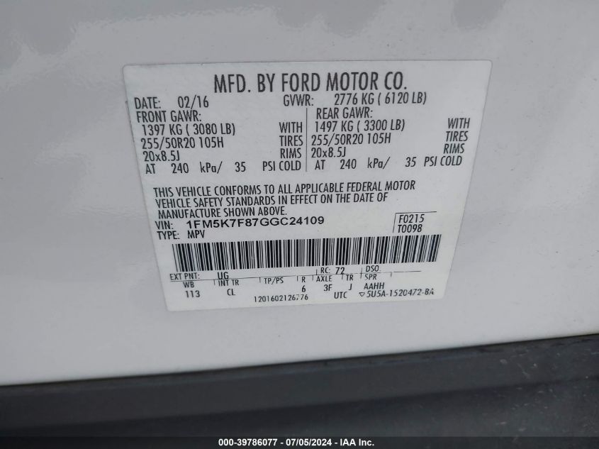 2016 Ford Explorer Limited VIN: 1FM5K7F87GGC24109 Lot: 39786077