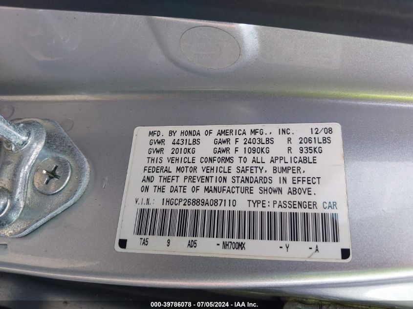 2009 Honda Accord 2.4 Ex-L VIN: 1HGCP26889A087110 Lot: 39786078