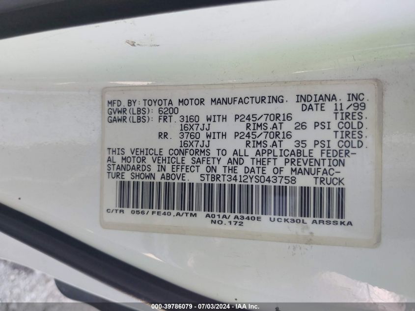 2000 Toyota Tundra Sr5 V8 VIN: 5TBRT3412YS043758 Lot: 39786079