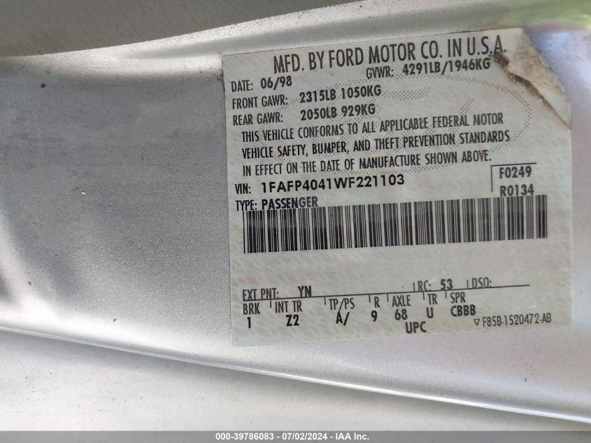 1998 Ford Mustang VIN: 1FAFP4041WF221103 Lot: 39786083