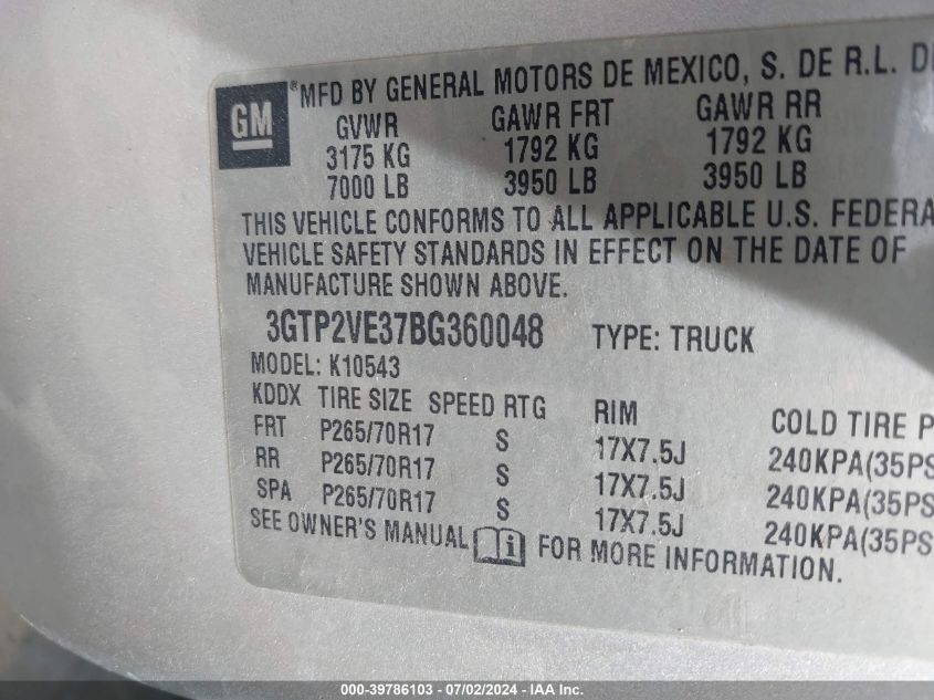 2011 GMC Sierra 1500 Sle VIN: 3GTP2VE37BG360048 Lot: 39786103