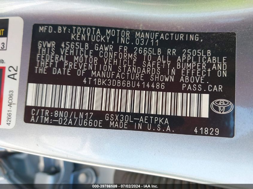 2011 Toyota Avalon Limited VIN: 4T1BK3DB6BU414486 Lot: 39786109