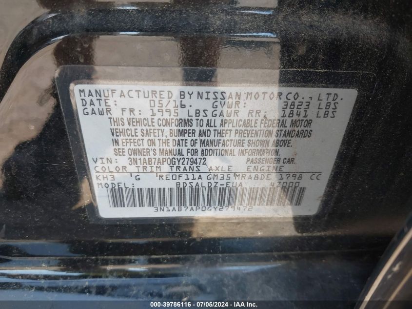 2016 Nissan Sentra Sv VIN: 3N1AB7AP0GY279472 Lot: 39786116