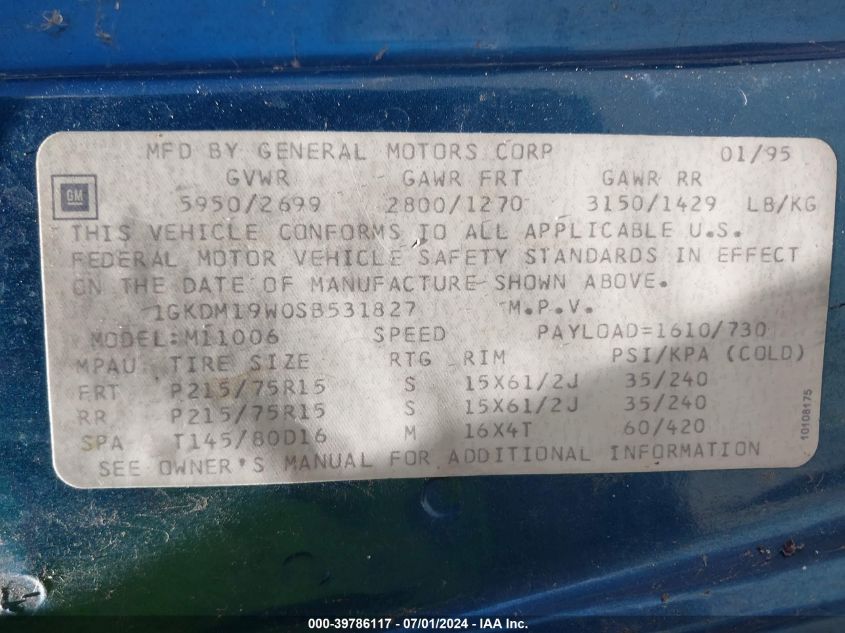 1995 GMC Safari Xt VIN: 1GKDM19W0SB531827 Lot: 39786117