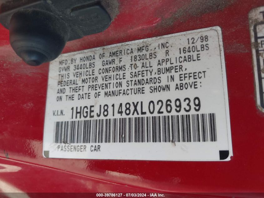 1999 Honda Civic Ex VIN: 1HGEJ8148XL026939 Lot: 39786127