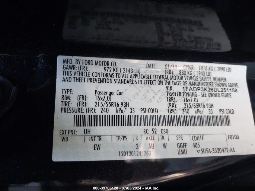 2013 Ford Focus Se VIN: 1FADP3K26DL251158 Lot: 39786128