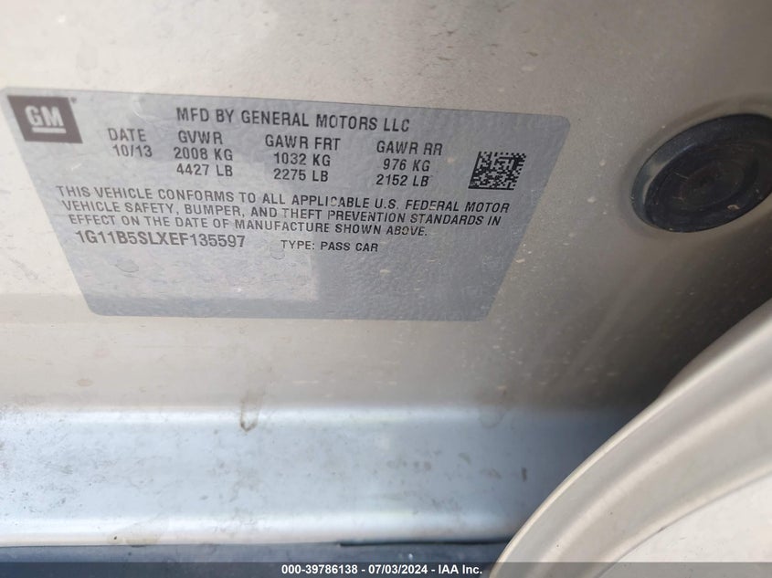 2014 Chevrolet Malibu 1Ls VIN: 1G11B5SLXEF135597 Lot: 39786138