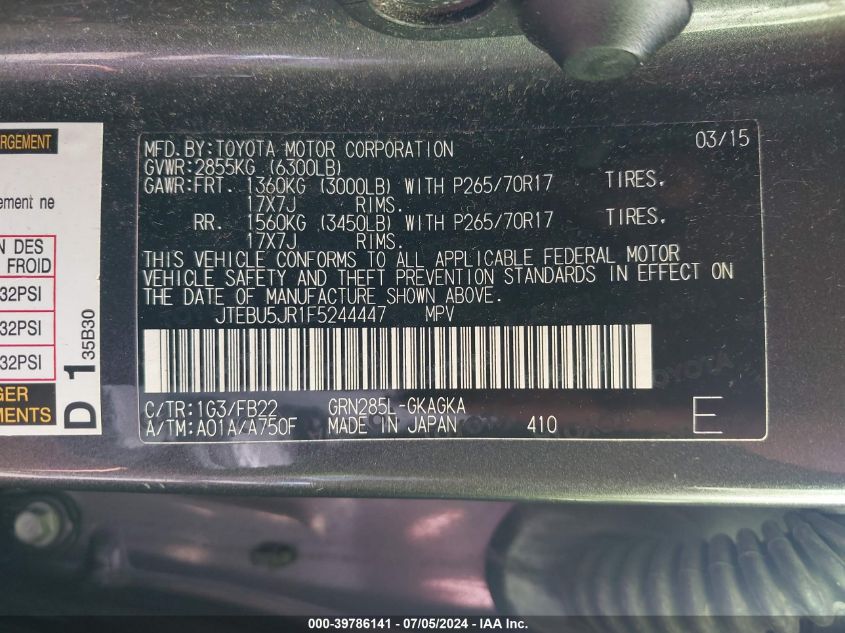2015 Toyota 4Runner Sr5 VIN: JTEBU5JR1F5244447 Lot: 39786141