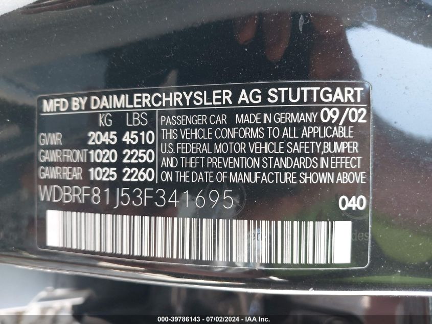 2003 Mercedes-Benz C 240 VIN: WDBRF81J53F341695 Lot: 39786143