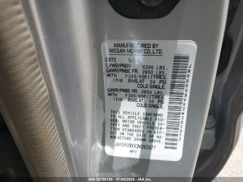 2002 Infiniti Qx4 Luxury VIN: JNRDR09YX2W263077 Lot: 39786155