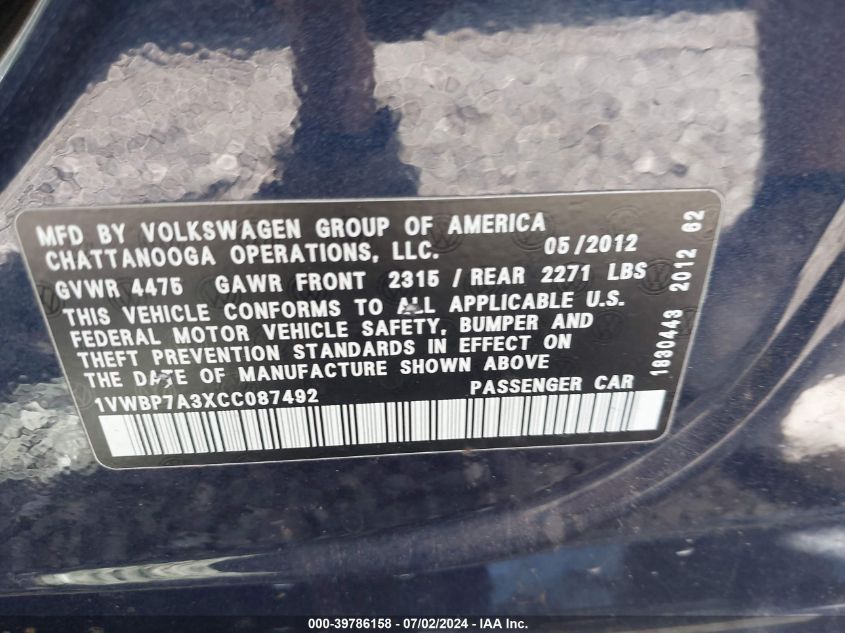 2012 Volkswagen Passat 2.5L Se VIN: 1VWBP7A3XCC087492 Lot: 39786158