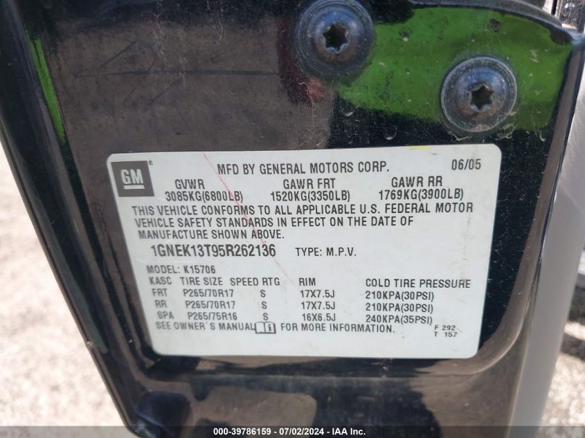 2005 Chevrolet Tahoe Z71 VIN: 1GNEK13T95R262136 Lot: 39786159
