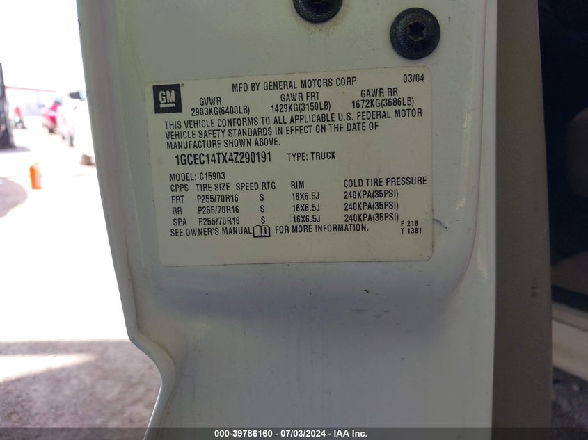 2004 Chevrolet Silverado 1500 Work Truck VIN: 1GCEC14TX4Z290191 Lot: 39786160