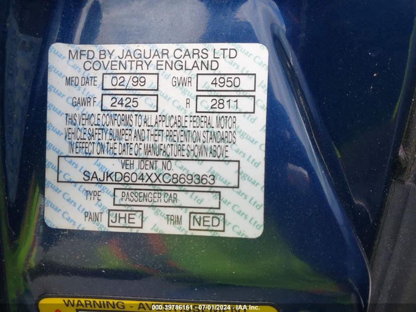 1999 Jaguar Xj8 Vanden Plas VIN: SAJKD604XXC869363 Lot: 39786161