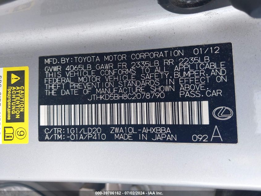 JTHKD5BH8C2078790 2012 Lexus Ct 200H Premium