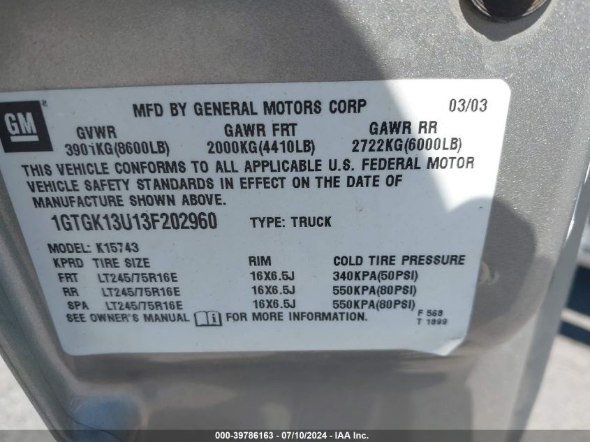 2003 GMC Sierra 1500Hd Sle VIN: 1GTGK13U13F202960 Lot: 39786163