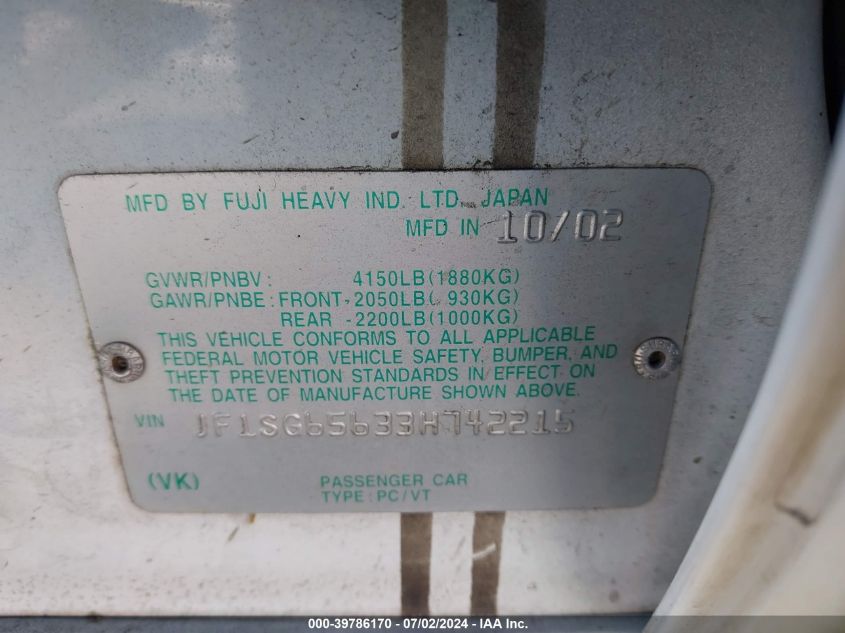 2003 Subaru Forester Xs VIN: JF1SG65633H742215 Lot: 39786170