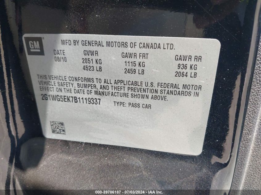 2011 Chevrolet Impala Lt VIN: 2G1WG5EK7B1119337 Lot: 39786187