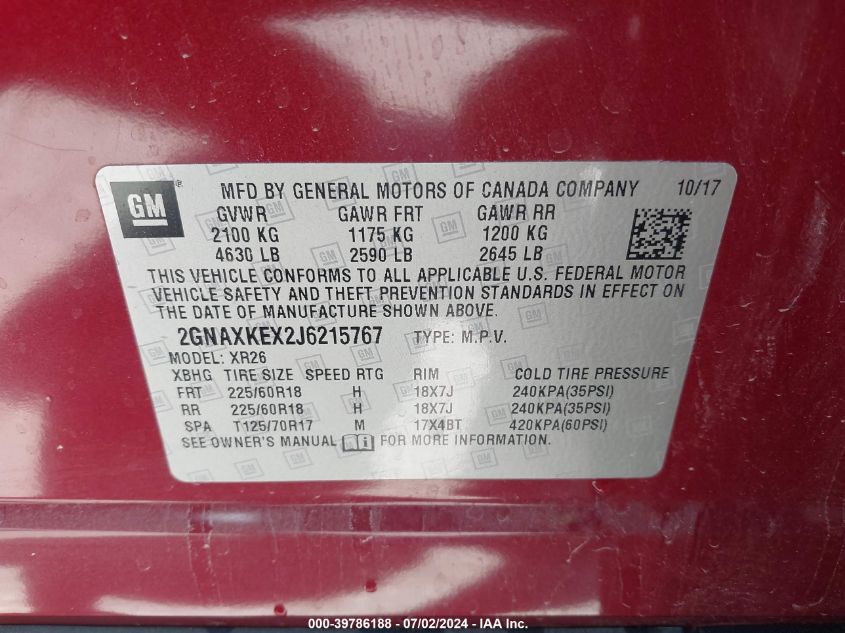 2018 Chevrolet Equinox Lt VIN: 2GNAXKEX2J6215767 Lot: 39786188