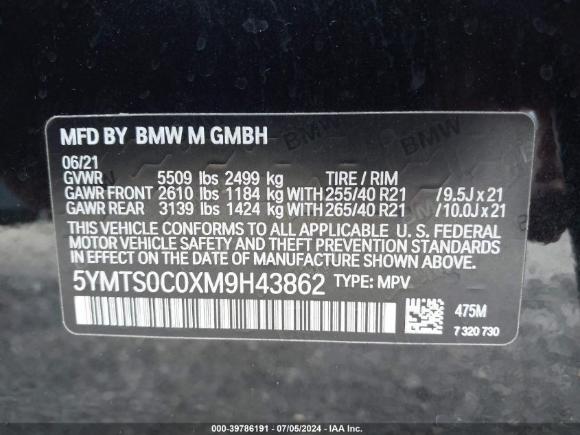 2021 BMW X3 M VIN: 5YMTS0C0XM9H43862 Lot: 39786191