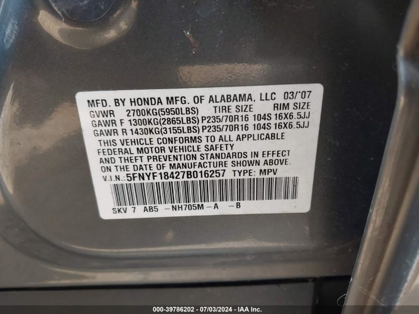 2007 Honda Pilot Ex VIN: 5FNYF18427B016257 Lot: 39786202