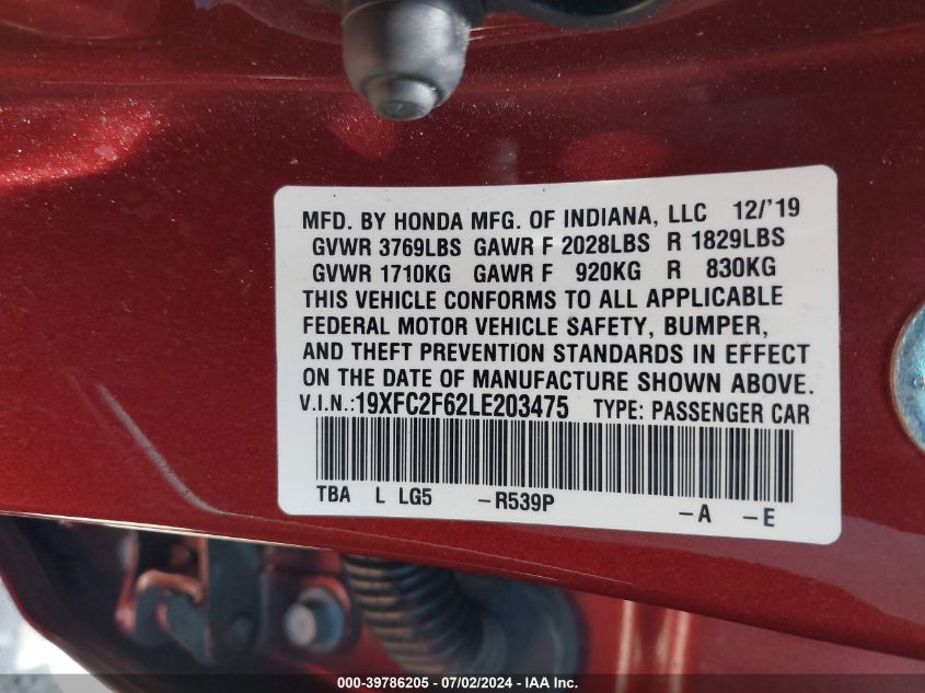 2020 Honda Civic Lx VIN: 19XFC2F62LE203475 Lot: 39786205